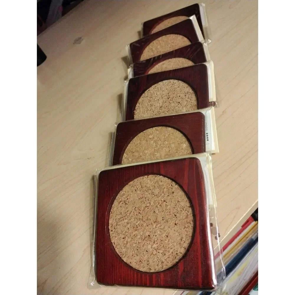 6 Set Bamboo Coasters Wood Round Cork‎ Barware Contemporary Traditional Luxe NEW